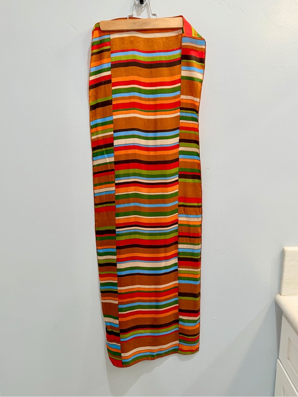 Vintage 70s Silk Striped Multicolor Scarf Orange Brown Red Blue Rectangle Fall